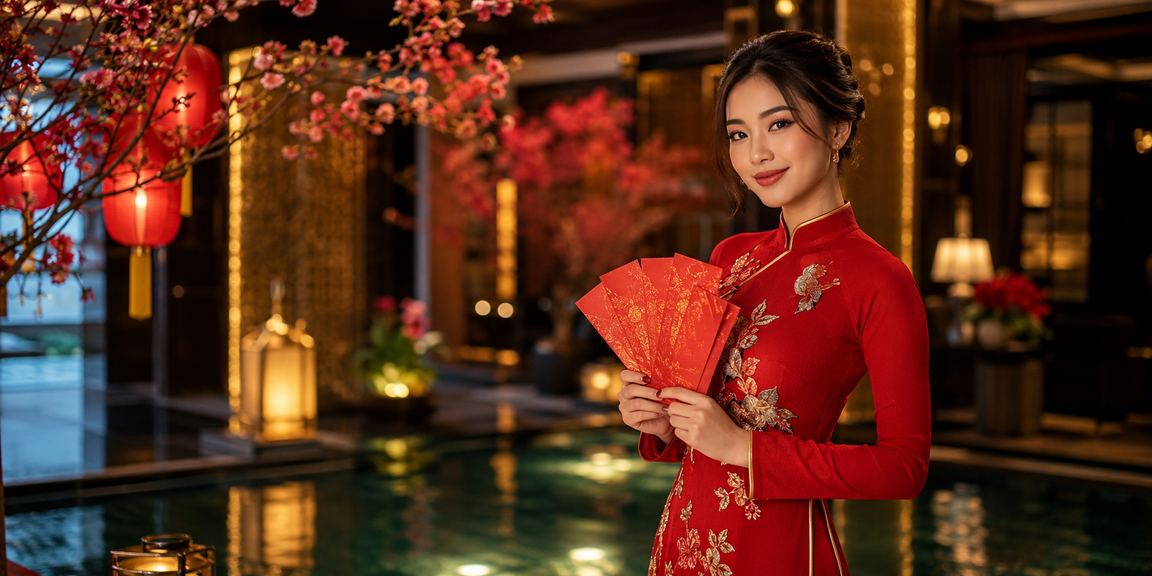Không khí lễ hội Mũi Né với bao lì xì đỏ và trang phục áo dài Việt Nam